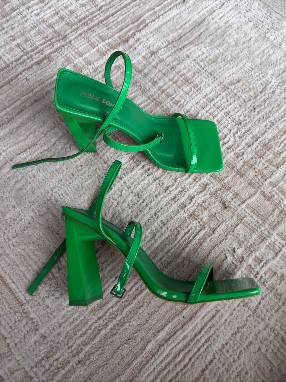 Public Desire Green Patent Block Heel Sandals with Square Toe